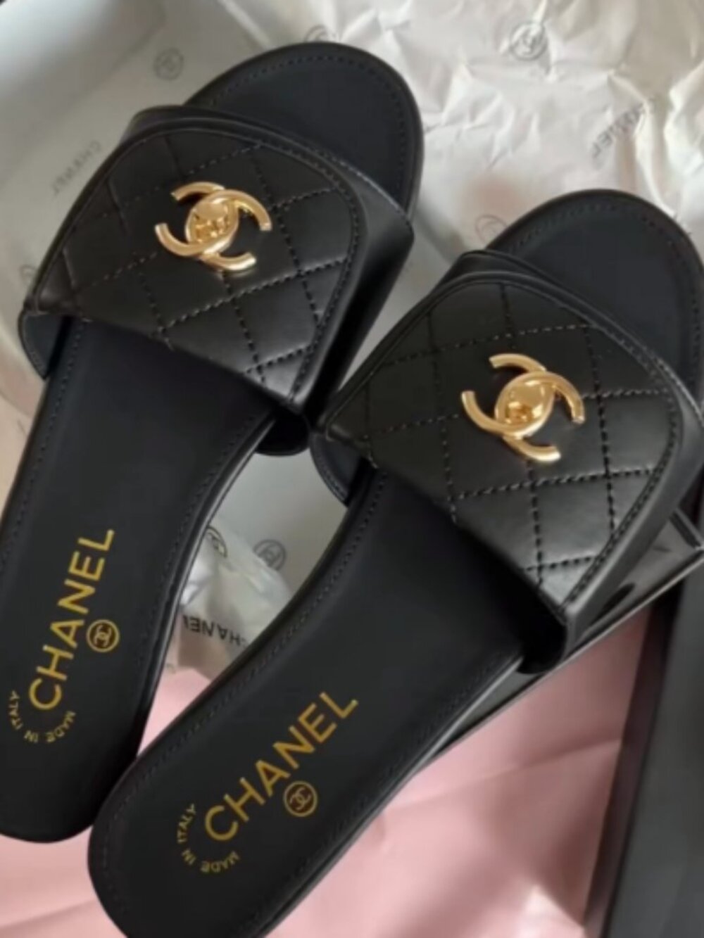Chanel Black Quilted Leather CC Turnlock Slide Sandals
